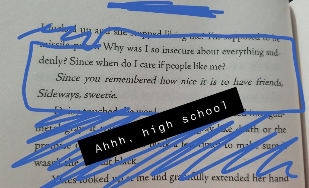 Image ID: Text excerpt from "The Scapegracers" reading, "Why  was I so insecure about everything suddenly? Since when do I care if people like me? Since you remembered how nice it is to have friends, Sideways, sweetie." The Snapchat caption reads, "Ahhh, high school" End ID.